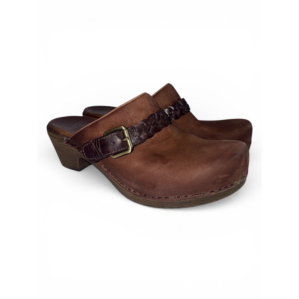 Dansko Brown Leather Braided Buckle Clogs Mules Faux Wood Grain Heel Women's 39